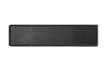 Black leather belt strap closeup isolated on white. Black stitched leather seam frame label tag isolated on white. Empty copy space fashion background. Textile frame cutout. - obrazy, fototapety, plakaty