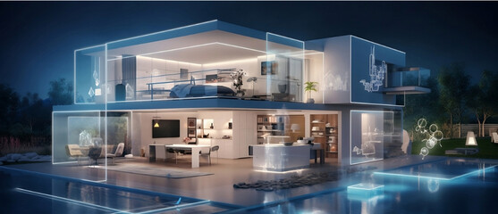 Smart home management homes with solar panels  AI. Remote control and home new luxury management.	 - obrazy, fototapety, plakaty