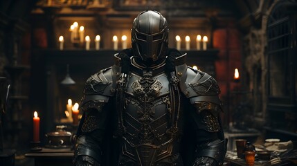 A Suit of Armor hanging nobody in castle room background  - obrazy, fototapety, plakaty