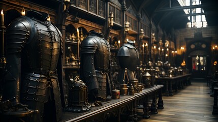 A Suit of Armor hanging nobody in castle room background 