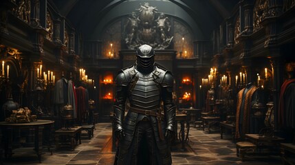 A Suit of Armor hanging nobody in castle room background 