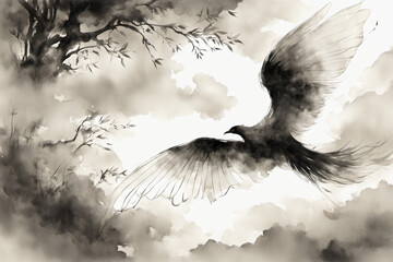 Ink silhouette of a bird of paradise Conveying the beauty of graceful movement through ink - obrazy, fototapety, plakaty