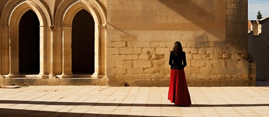 Woman visiting Santa Mar a la Real church in Aranda de Duero Burgos Spain from behind