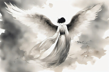 Ink silhouette of a fallen angel Conveying the beauty of graceful movement through ink