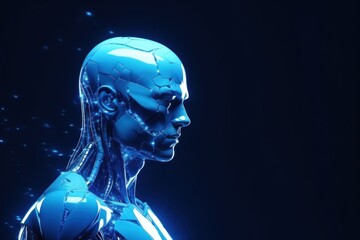 Portrait AI model of android with male plastic face and robotic body on dark blue background . The concept of artificial intelligence in android