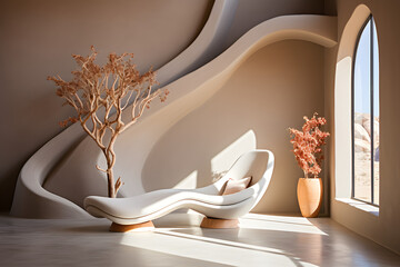 Wavy lounge chair in room with stucco wall and clay vases. Minimalist style interior design of modern living room