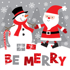 Christmas card with Cute Santa Claus and Snowman