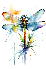 Dragonfly Watercolor Painting Isolated on White Background