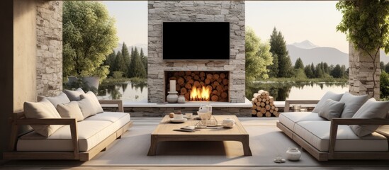 Upscale outdoor living room with spacious stone fireplace TV rug and beige sofa