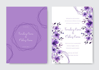 Social media watercolor purple petunia floral wedding invitation card template set. Garden theme wedding invitation card.