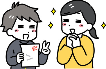 100点のテストを見せる中学生の男の子と喜ぶ母親