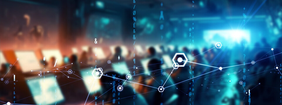 Group of people working in office and digital communication network concept.