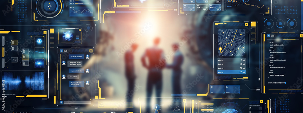 Aufkleber Group of people working in office and futuristic graphical user interface concept.