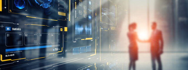 Group of people meeting in office and futuristic graphical user interface concept.