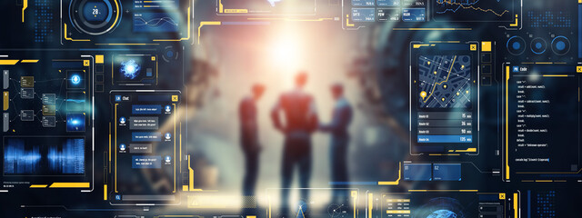 Group of people working in office and futuristic graphical user interface concept.