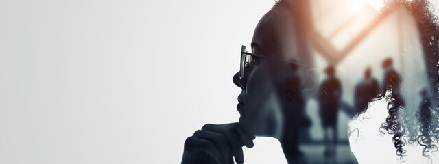 Silhouette of thinking woman and business concept. AI (Artificial Intelligence).