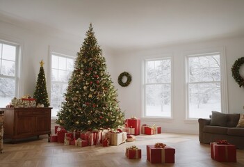 The background of the winter Christmas holiday with green fir branches and decorations, a Christmas tree and gifts in the interior.