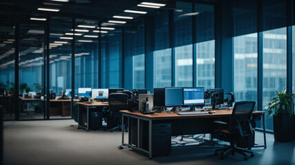 Office interior with panoramic windows and city view. Workplace and technology concept