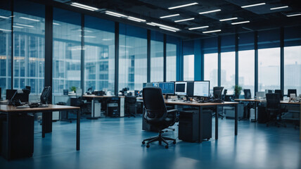 Office interior with panoramic windows and city view. Workplace and technology concept