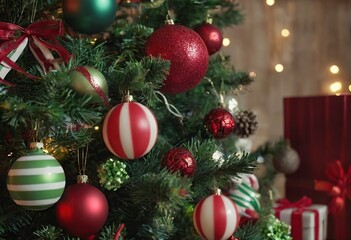 Fototapeta premium The background of the winter Christmas holiday with green fir branches and decorations, a Christmas tree and gifts in the interior.