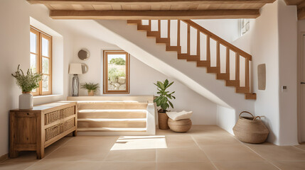 White plaster staircase and timber beams ceiling in farmhouse hallway. Rustic style interior design of entrance hall in country house.