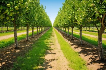 long perspective of apple tree rows in summer