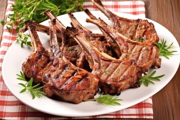 lamb chops with grill marks on porcelain plate