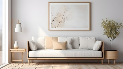 Fototapeta na wymiar White sofa against window. Wooden wardrobe near wall with big poster frame. Scandinavian interior design of modern stylish living room