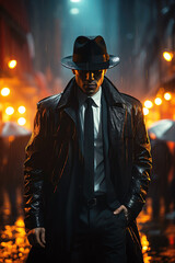 detective men in a hat on the street in city at night in the rain. The cover of a detective thriller book