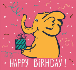 Elephant with gift box birthday card cool design. Greeting post card template. Safari animal date of birth