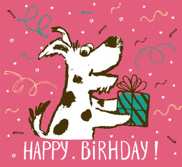 Dog with gift box birthday card cool design. Greeting post card template. Poppy date of birth. Happy birthday slogan.