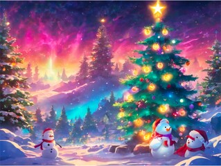 Fototapeta na wymiar Snowman and Aurora Borealis Background 