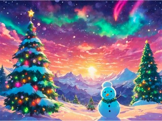 Fototapeta premium Snowman and Aurora Borealis Background 