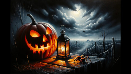 Oil painting of a Halloween night with a moody, dark sky. In the foreground, a lantern's light reveals a carved pumpkin's face. A spider, highlighted