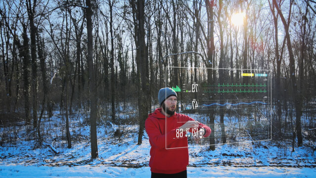 Runner analysing smart watch health stats, heart rate concept infographics