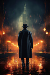 silhouette of male detective in raincoat and hat on the street in the city at night in the rain. The cover of a detective thriller book