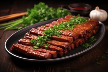 bbq tempeh ribs garnished with fresh parsley on a matte plate