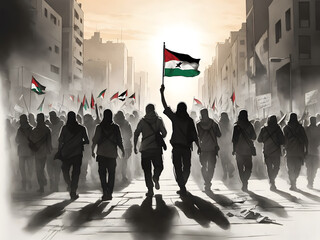 An illustration showing a protest about freedom Palestine - obrazy, fototapety, plakaty