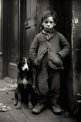 Old black and white street photograph from the Victorian era - young boy with his pet dog - obrazy, fototapety, plakaty