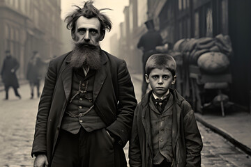 Fototapeta na wymiar Old black and white street photograph from the Victorian era - portrait of man and young boy
