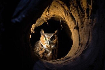 owl hooting from a hollow in a tree at night