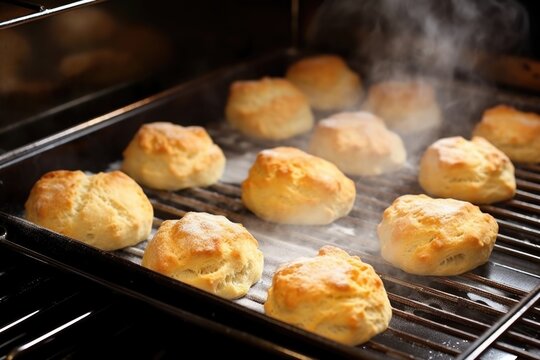 hot steamy biscuits coming out from the oven
