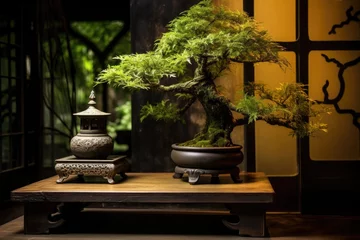 Selbstklebende Fototapeten bonsai on pedestal under lantern light © Alfazet Chronicles