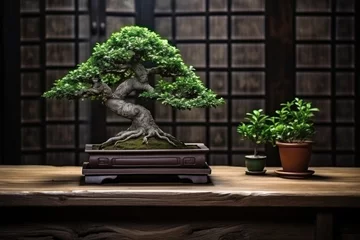 Tuinposter well-maintained bonsai on wooden table © Alfazet Chronicles