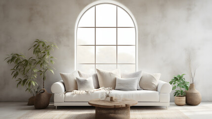 White sofa in boho style room with arched window and stucco walls. Rustic interior design of modern living room