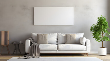 White sofa near stucco wall with empty mock up poster frame. Rustic interior design of modern living room