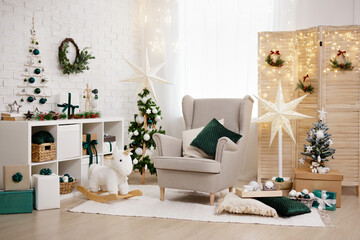 Christmas decorated guest room in green colors