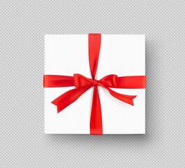 Realistic gift box with red bow. Vector illustration on grey background. Can be use for decoration gifts, greetings, holidays, etc. EPS10.