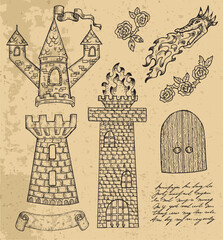 Design set with old tower, castle or fortress with gate and unreadable hand written text. Vintage line art illustration. No foreign language, all letters are fantasy ones. 