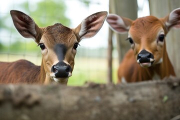 orphaned fawn being watched over by powerful ox - obrazy, fototapety, plakaty